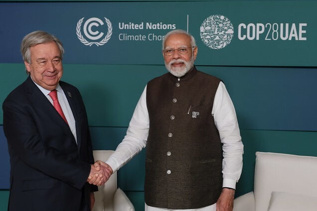 Prime Minister Narendra Modi with UN Secretary General António Guterres at COP28 in Dubai. Credit: India Ministry of External Affairs