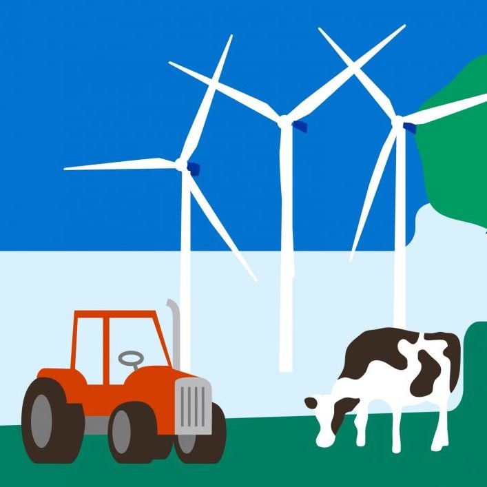 illustration of a truck, a cow, and wind turbines
