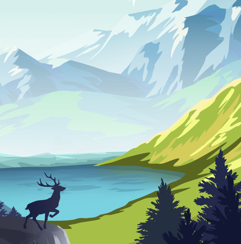 illustration of a deer in front of a lake and mountains
