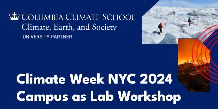 Ice sheet and wildfire with text Climate Week NYC 2024 Campus as Lab Workshop