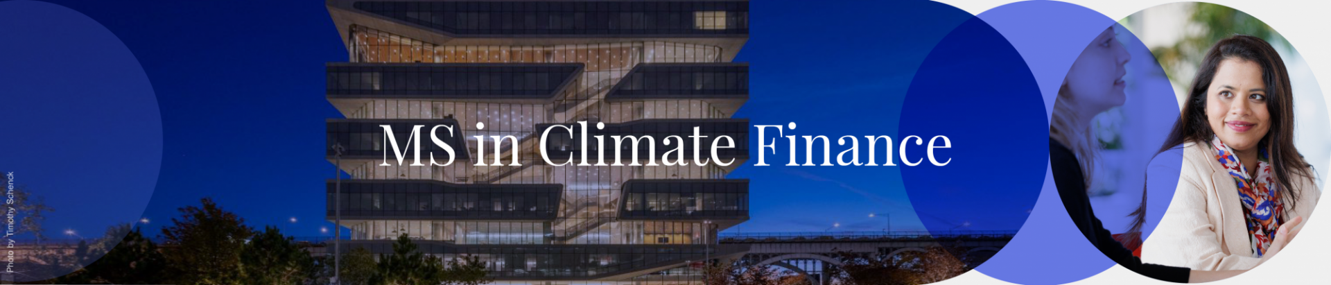 Columbia business school and person smiling with text MS in Climate Finance