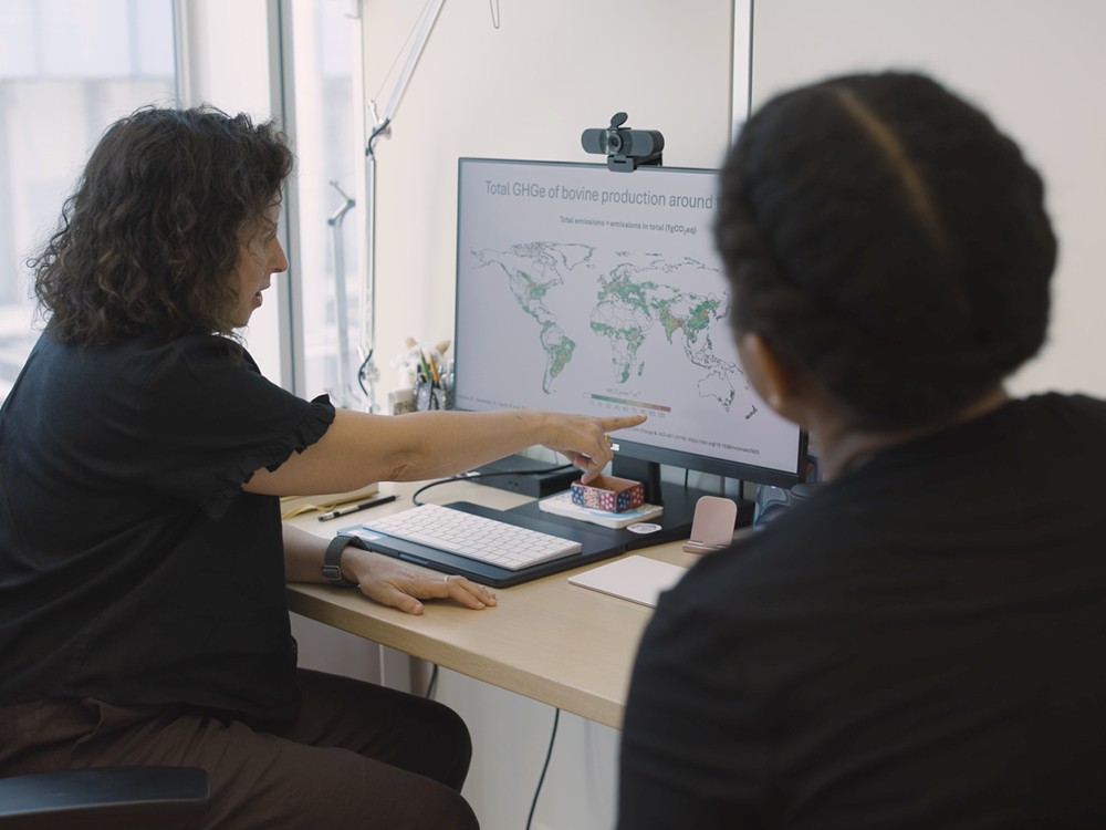 Professor and student looking at a map on a computer monitor