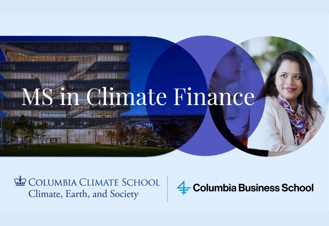 Columbia Business School building and two students walking in New York City with text MS in Climate Finance
