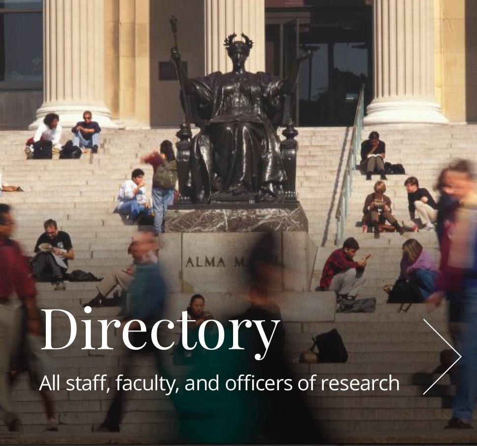Columbia Alma statue with the text Directory: All staff, faculty, and officers of research