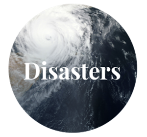 Satellite image of hurricane with text Disasters