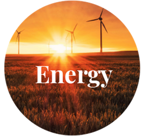 Field of wind turbines and sun with text Energy