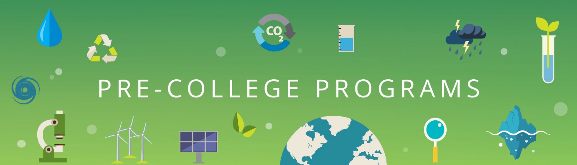 green background with science graphics, "pre-college programs" in white text