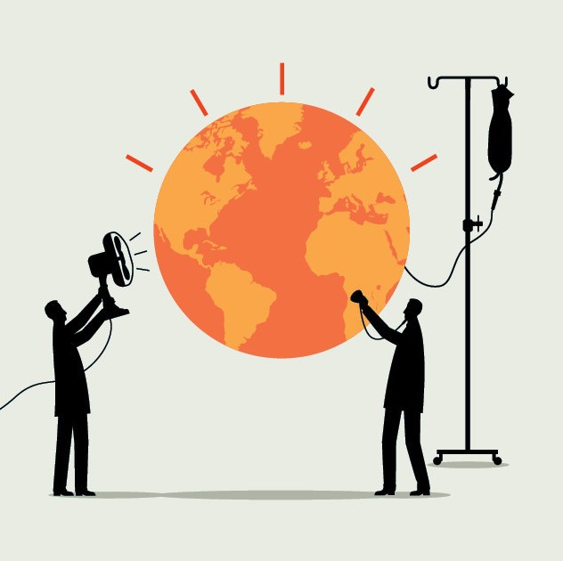 person with fan and person with IV trying to treat a hot planet earth