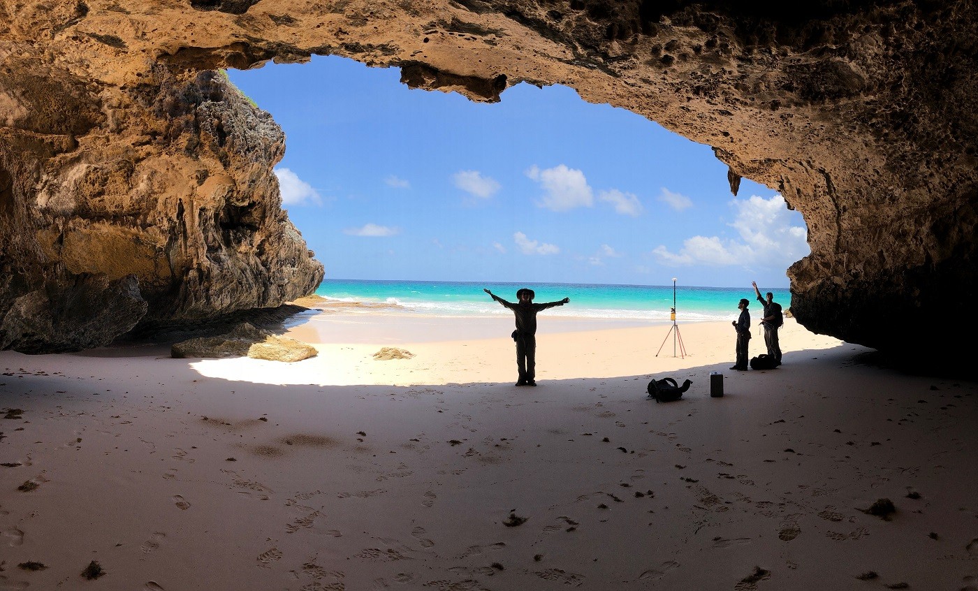 Beach cave. Fieldwork on Long Island, Bahamas. Roger Creel, Blake Dyer, Billy D'Andrea, June 2019. Credit: Jacqueline Austerman