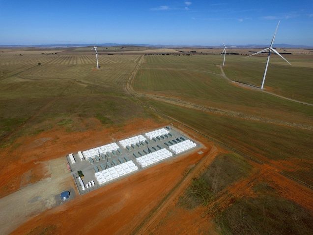 A large Tesla battery stores energy from the Hornsdale Wind Farm in Australia. Credit: David Clarke