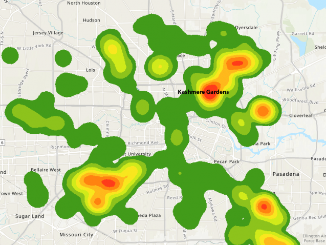 Heat map of high-water rescue calls in Houston TX during 2017’s Hurricane Harvey