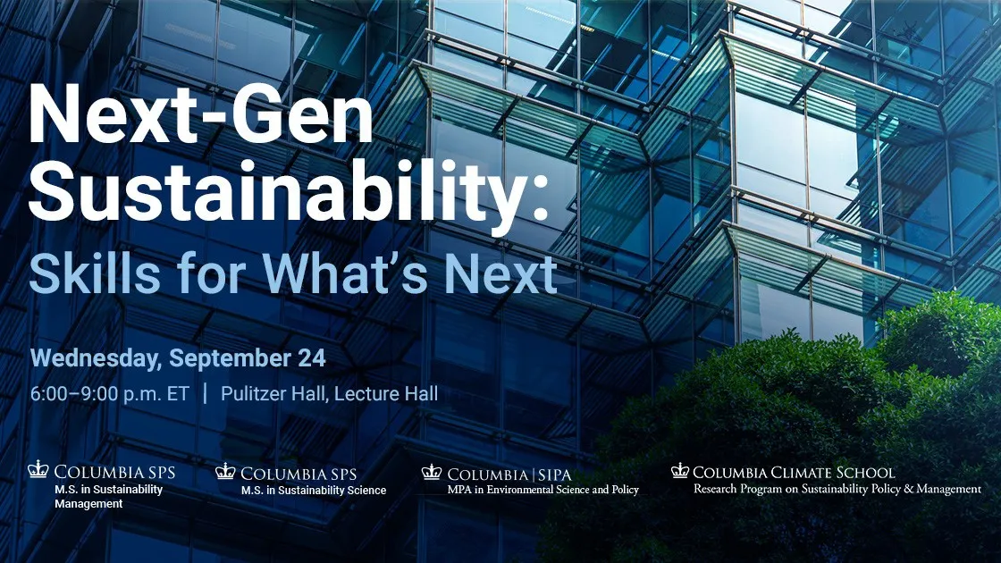 Glass building with text Next-Gen Sustainability: Skills for What's Next