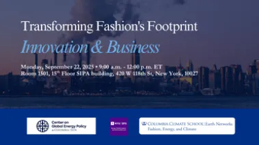 City skyline with text Transforming Fashion's Footprint: Innovation and Business