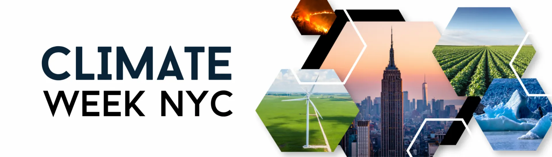 Collage of images of wind turbines, wild fire, crops, glaciers, and the NYC skyline with the text Climate Week NYC