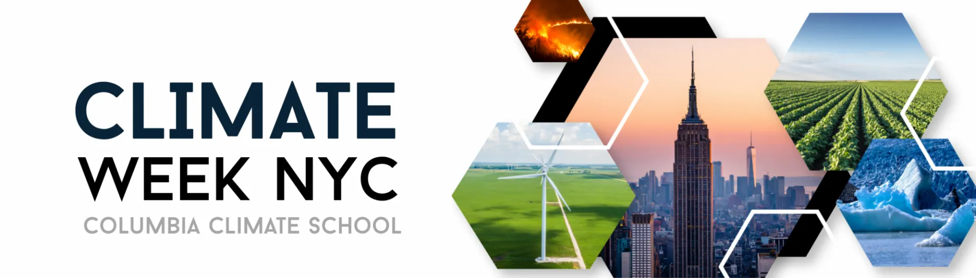 Collage of images of wind turbines, wild fire, crops, glaciers, and the NYC skyline with the text Climate Week NYC