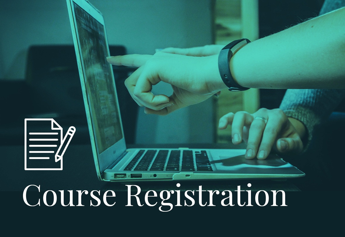 Hands Pointing to Laptop Screen with text Course Registration