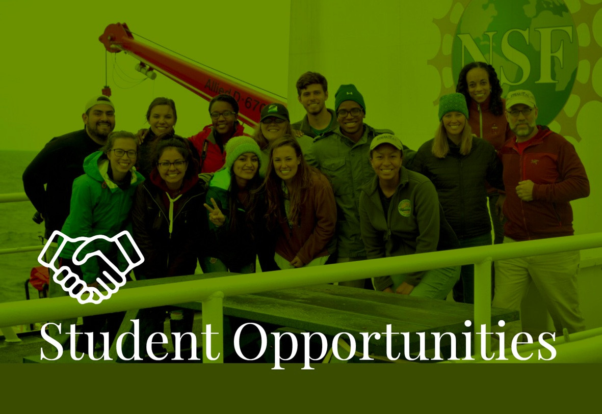 Group of students on the deck of a ship with text Student Opportunities
