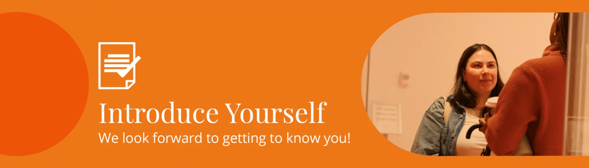 Two people greeting each other with text Introduce Yourself - We look forward to getting to know you!
