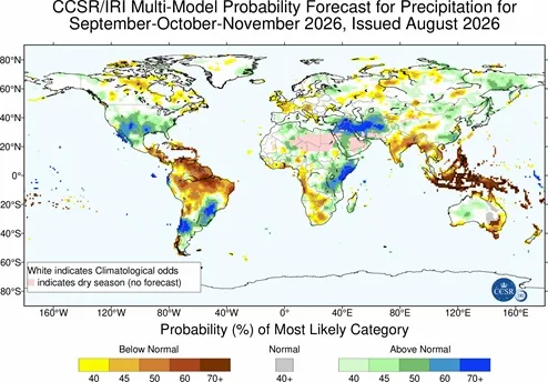 CCSR/IRI Multi-Model Probability Forecast for Precipitation for September-October-November 2026, Issued August 2026