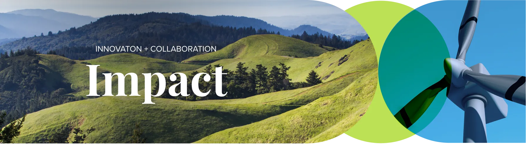 Green hills and wind turbine with text Impact: Innovation + Collaboration