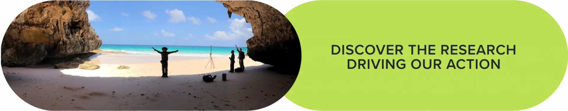 Person with outstretched arms under a rock formation in front of a blue ocean and sky view with text Discover the Research Driving Our Action