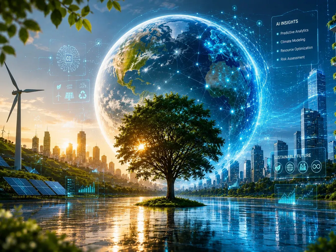 Illustration of Earth surrounded by glowing AI data networks, with a tree, renewable energy, city skyline, and climate analytics panels symbolizing AI-driven sustainability