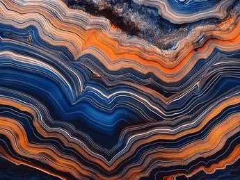 Wavy pattern of blues, oranges, beiges, browns, and whites