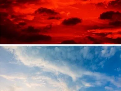 Split-screen of a cloudy red sky and a cloudy blue sky