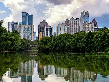 City skyline reflected in water