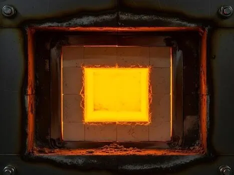 Glowing rectangle of fire inside a furnace