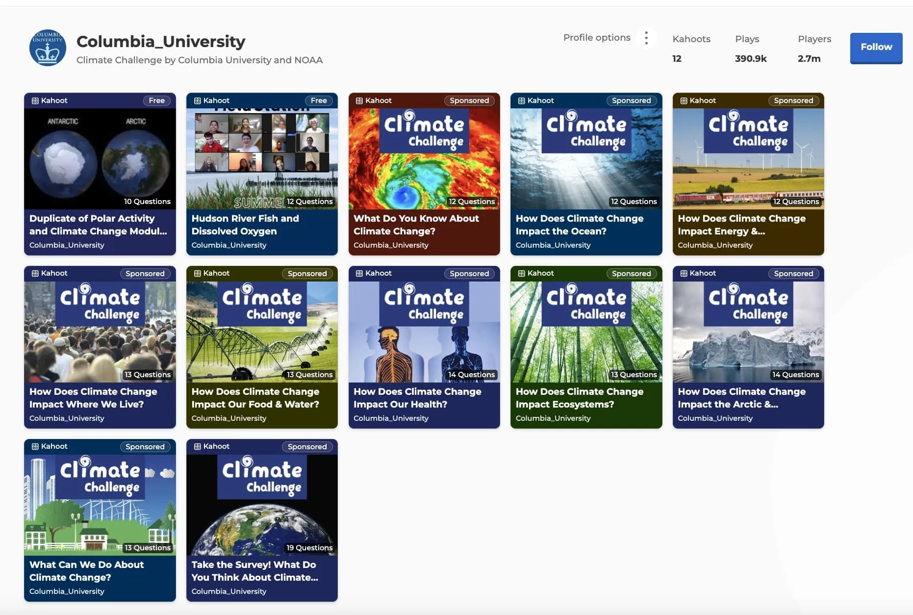 Image of twelve vignettes from Climate Challenge Kahoots 