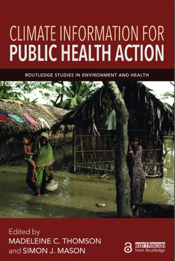 Flyer with woman standing in flooded land reading "climate information for public health action"