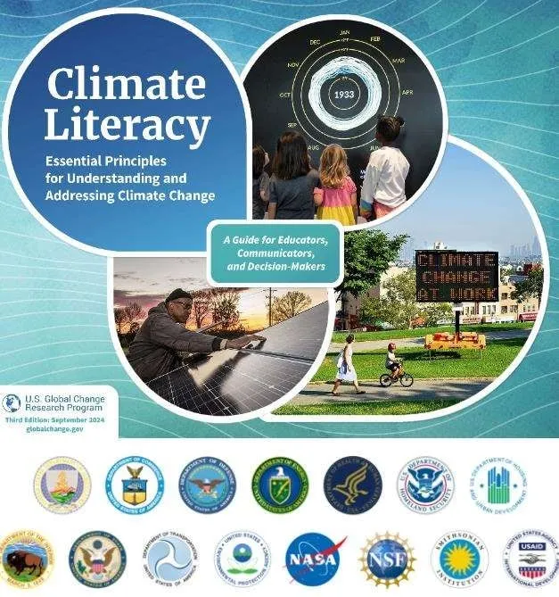 Flyer with four sections showing various climate related themes such as solar panels and children learning about temperatures increase