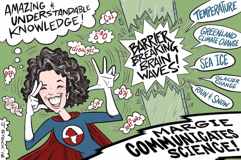 Cartoon image of a superhero with climate related terms listed in comic bubbles 