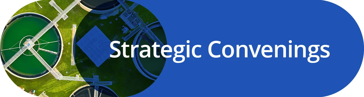 Overhead view of equipment with text Strategic Convenings