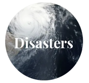 Satellite image of hurricane with text Disasters