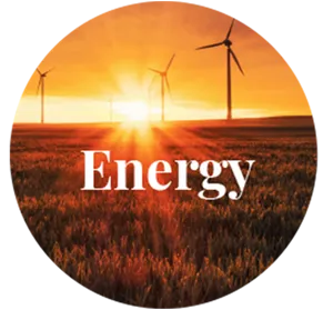 Field of wind turbines and sun with text Energy