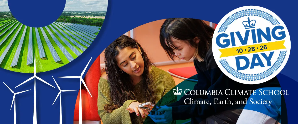 Students collaborating, solar panels, and wind turbines with Columbia Climate School and Giving Day logos