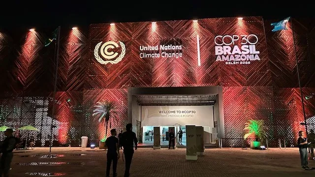 Entrance to COP30 at night.