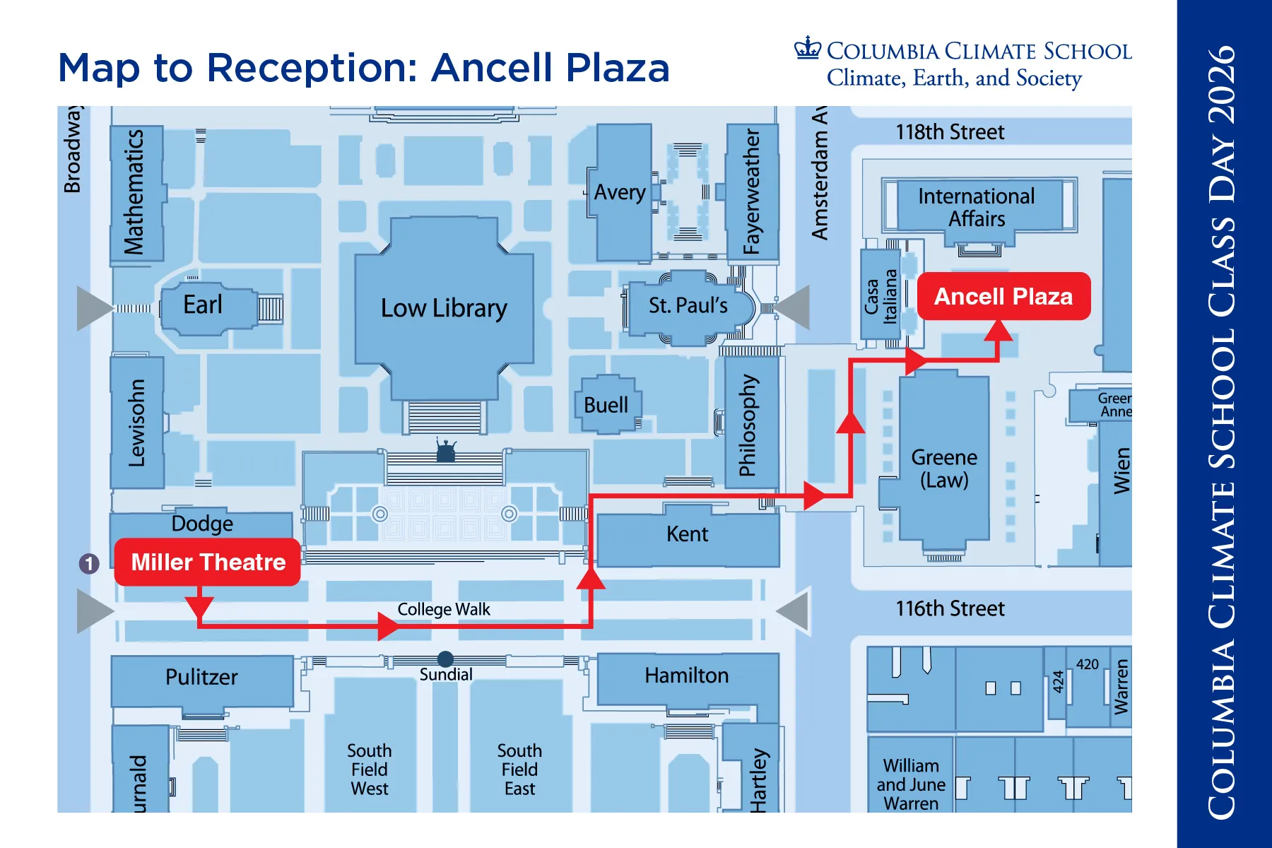 Map from Miller Theatre to Outdoor Reception in Ancell Plaza